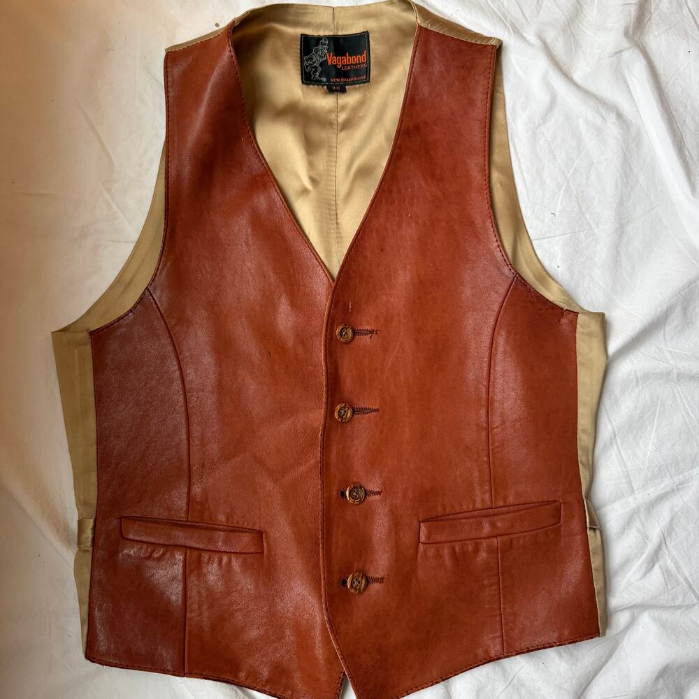 Vintage 70s Vagabond Leather Brown Vest Western Boho Satin Back Women's M